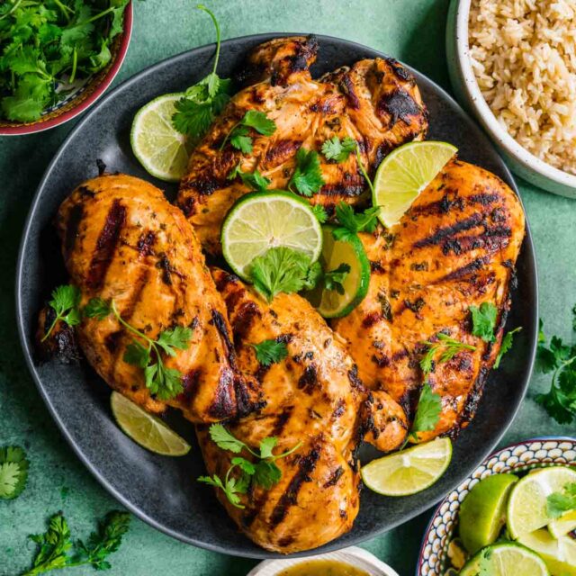 Aerial view of Chicken on serving plate