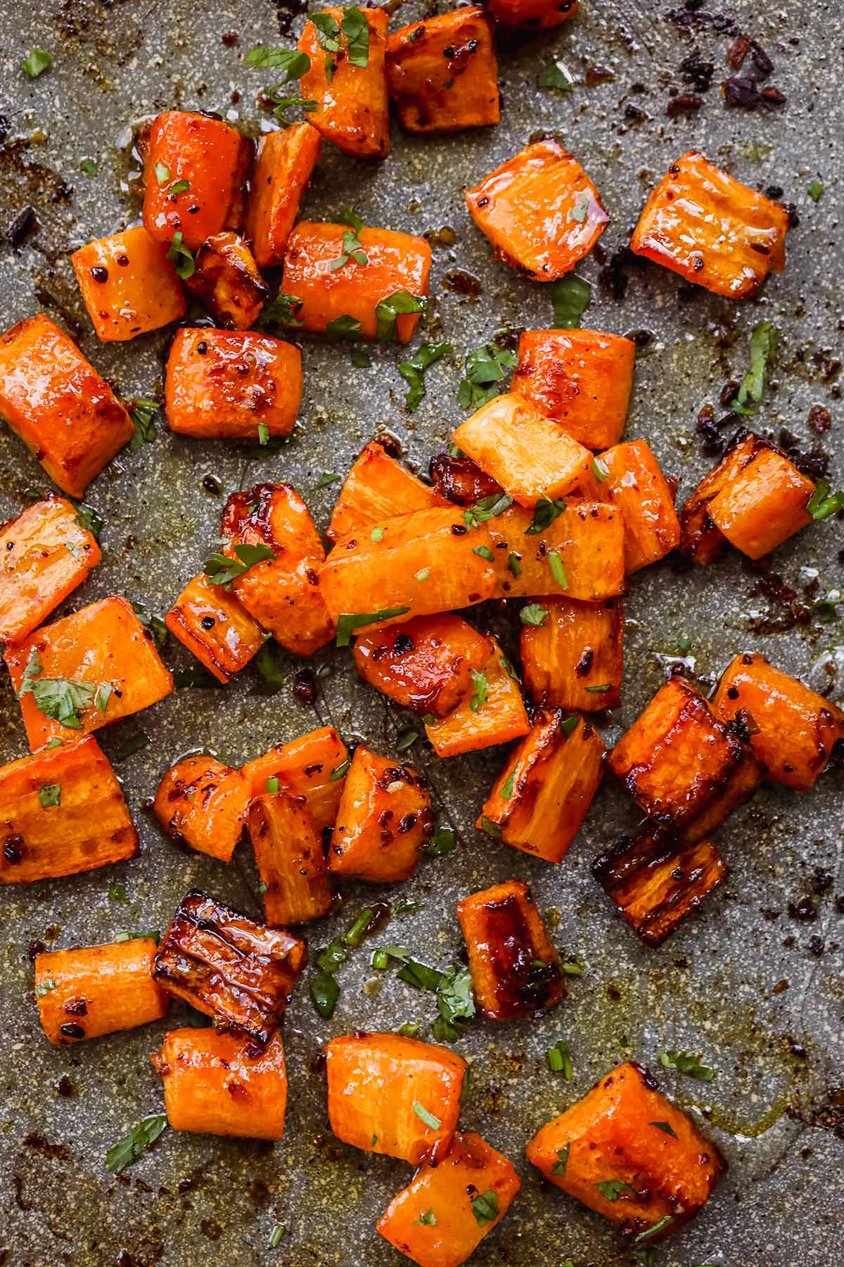 Indian Spiced Honey Roasted Carrots after roasting on baking sheet