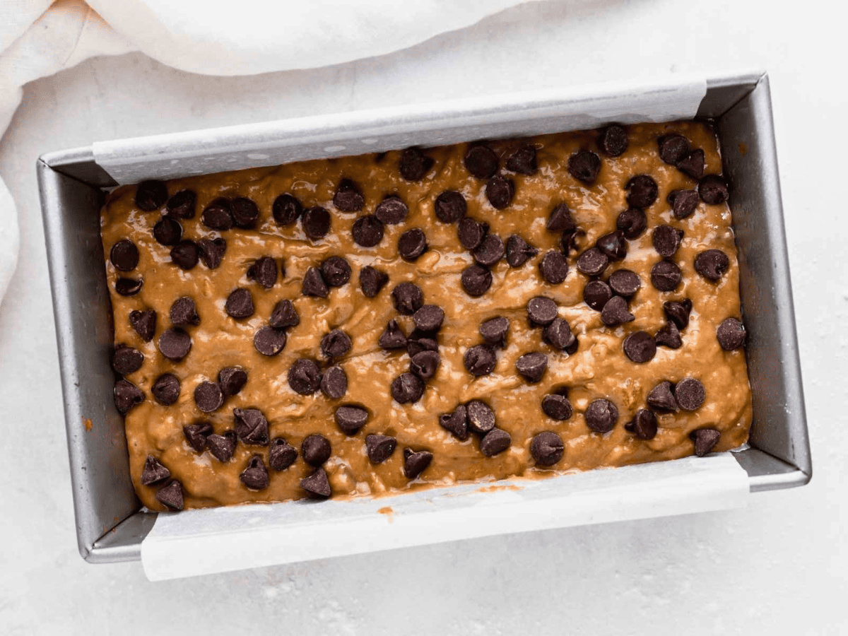 coffee batter with chocolate chips in a bread pan