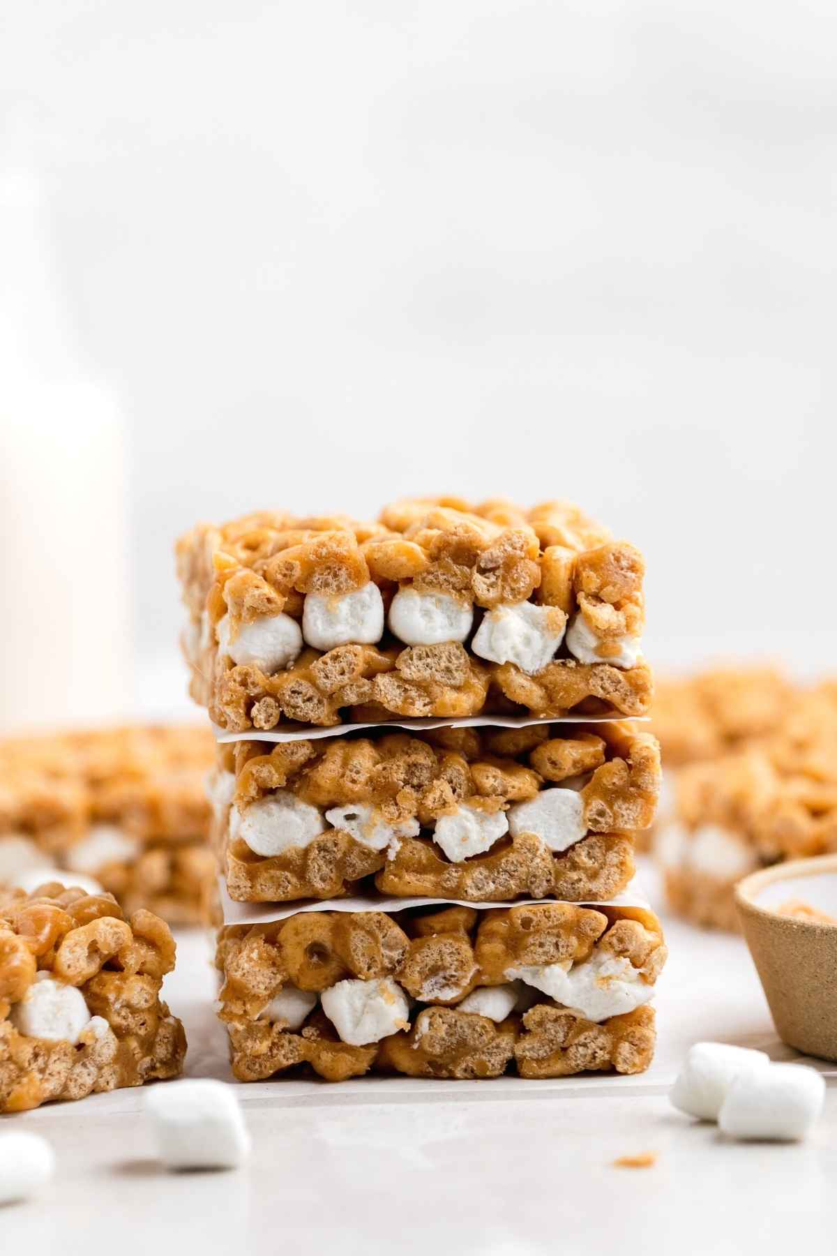 Peanut Butter Marshmallow Cereal Bars sliced and stacked