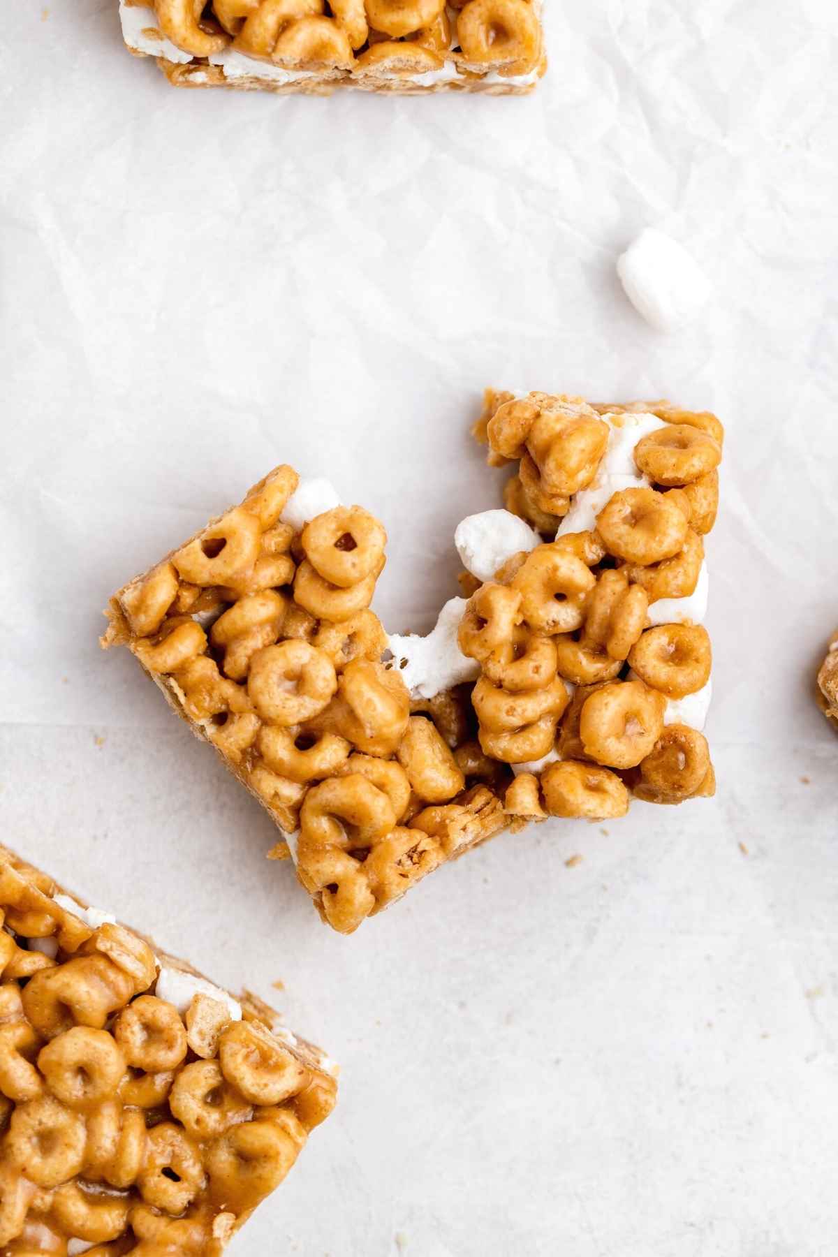 Peanut Butter Marshmallow Cereal Bars cut in half