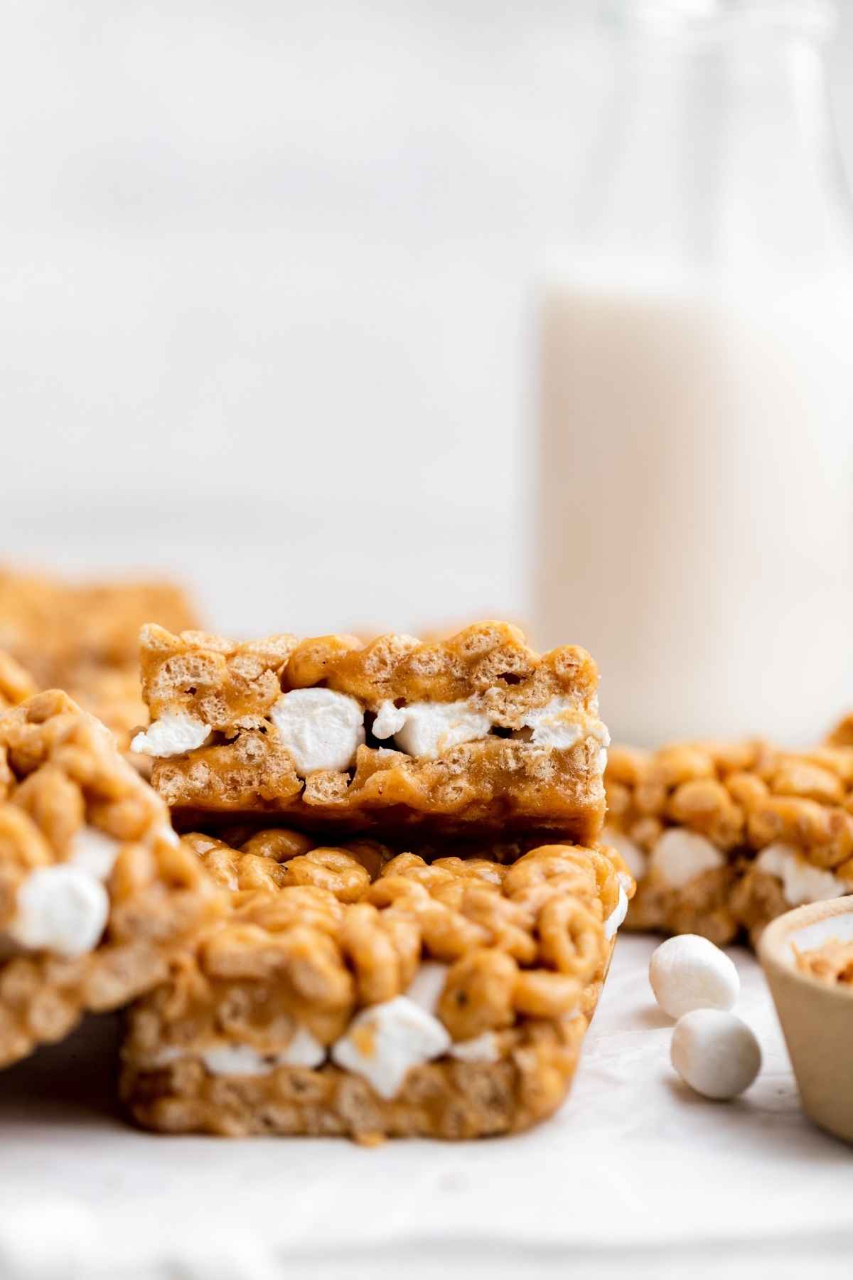 Peanut Butter Marshmallow Cereal Bars sliced and stacked