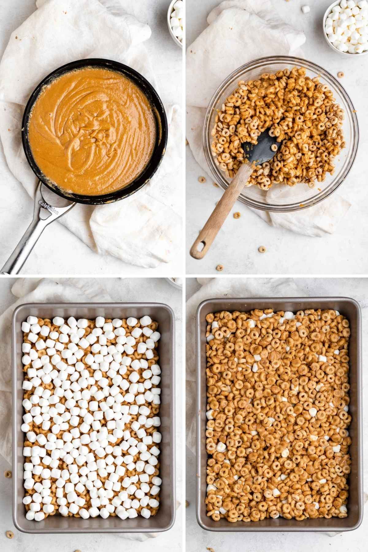Peanut Butter Marshmallow Cereal Bars collage of prep steps