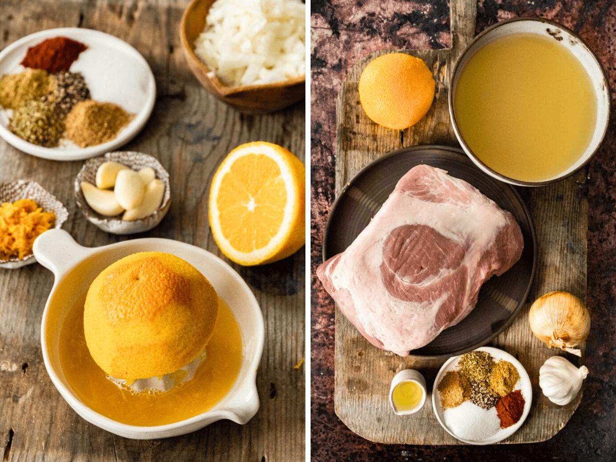 Collage of carnitas ingredients