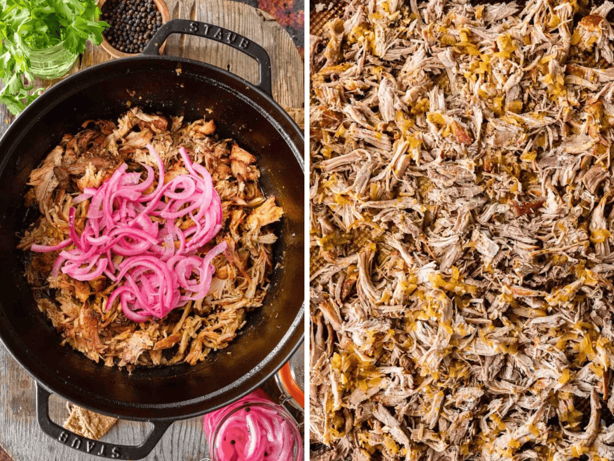 Collage of meat with onions in a pot and shredded meat