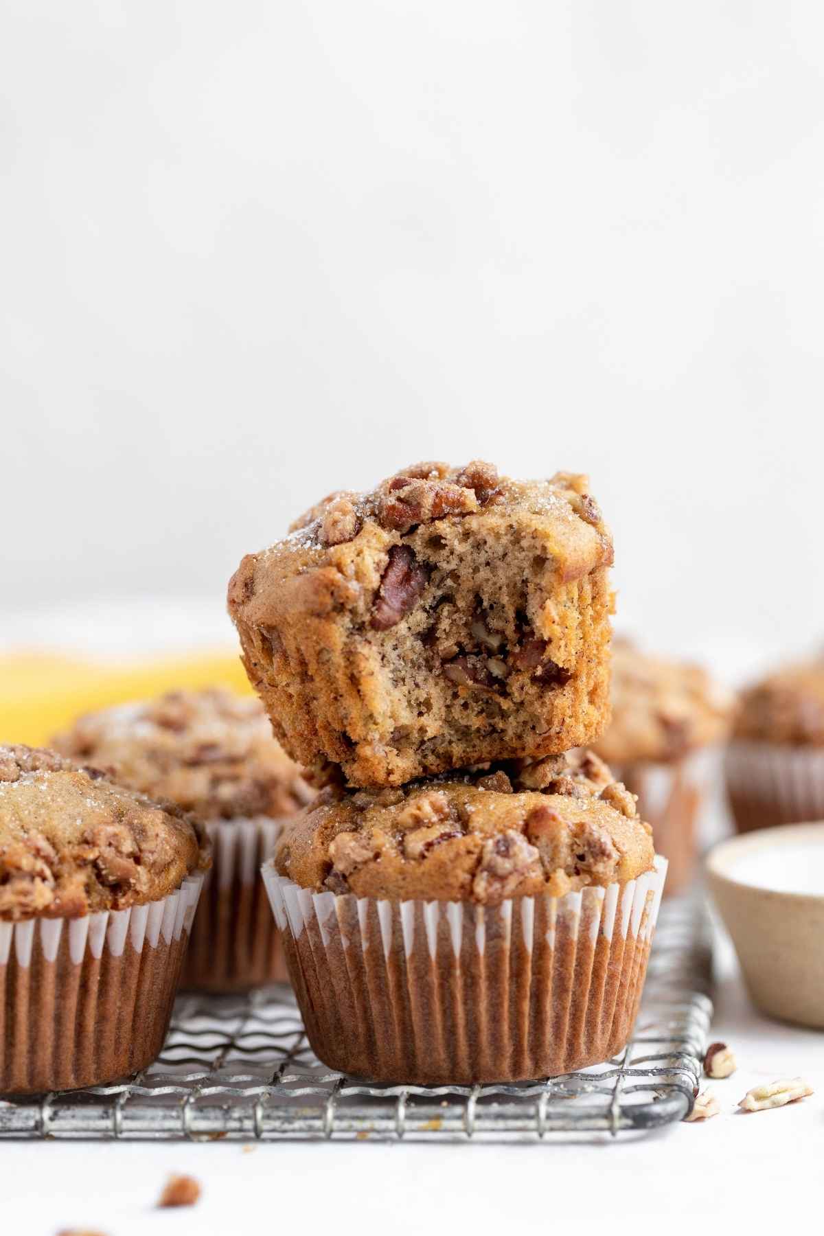 Praline Banana Muffins on wire rack