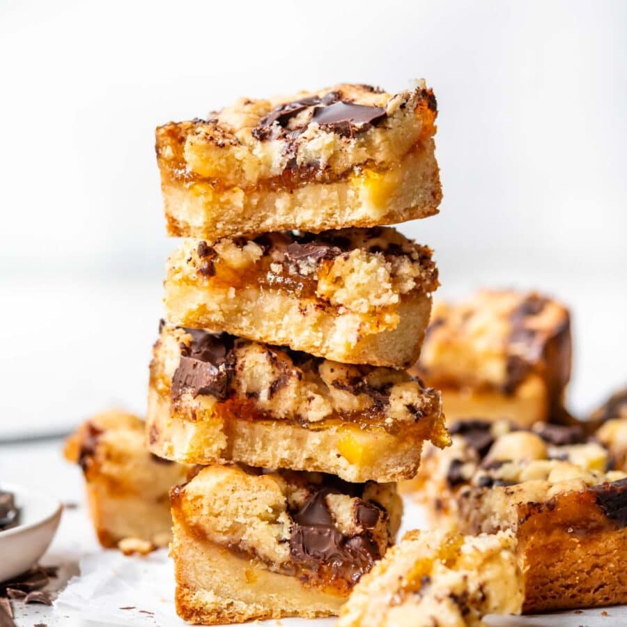 Sliced and stacked Dark Chocolate Orange Shortbread Bars