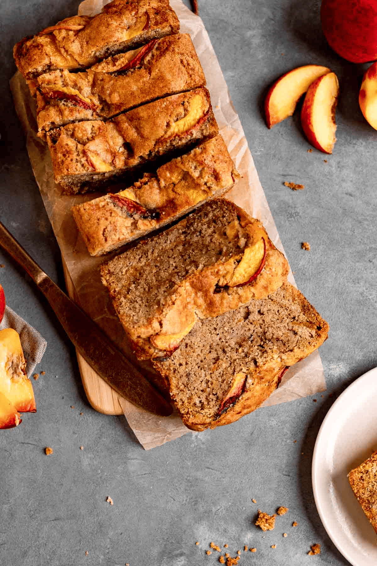 Homemade bread loaf sliced shown from above