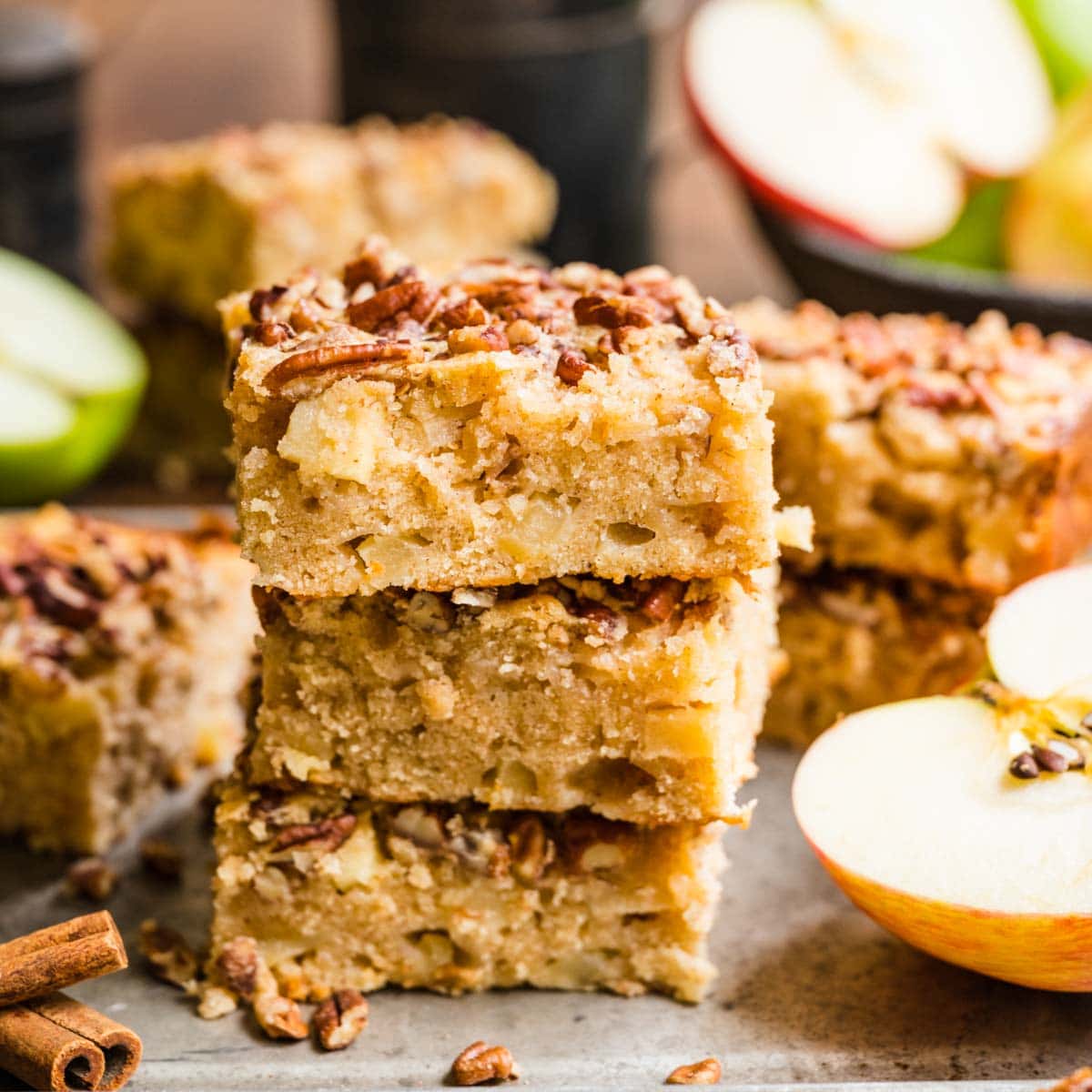 Apple Brownie Bars three in a stack on sheet pan