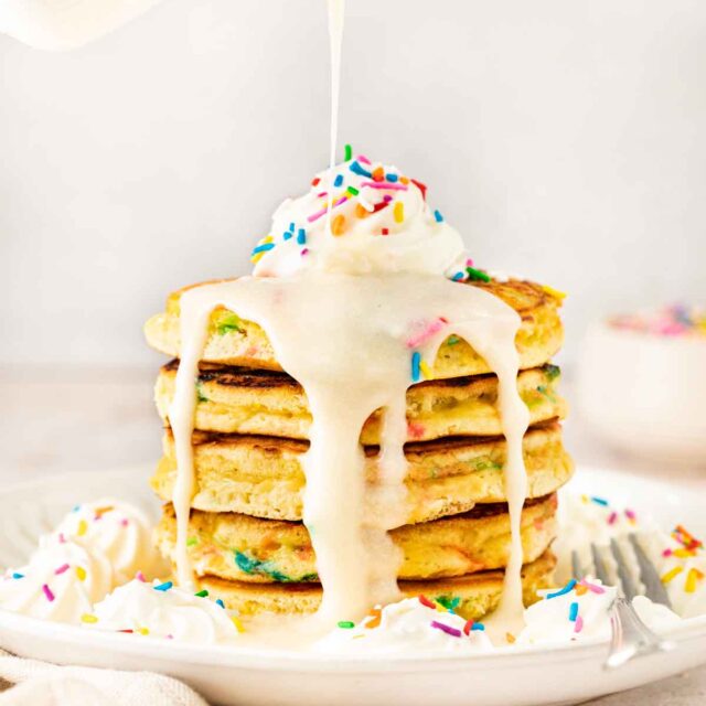 Birthday Cake Pancakes with vanilla glaze