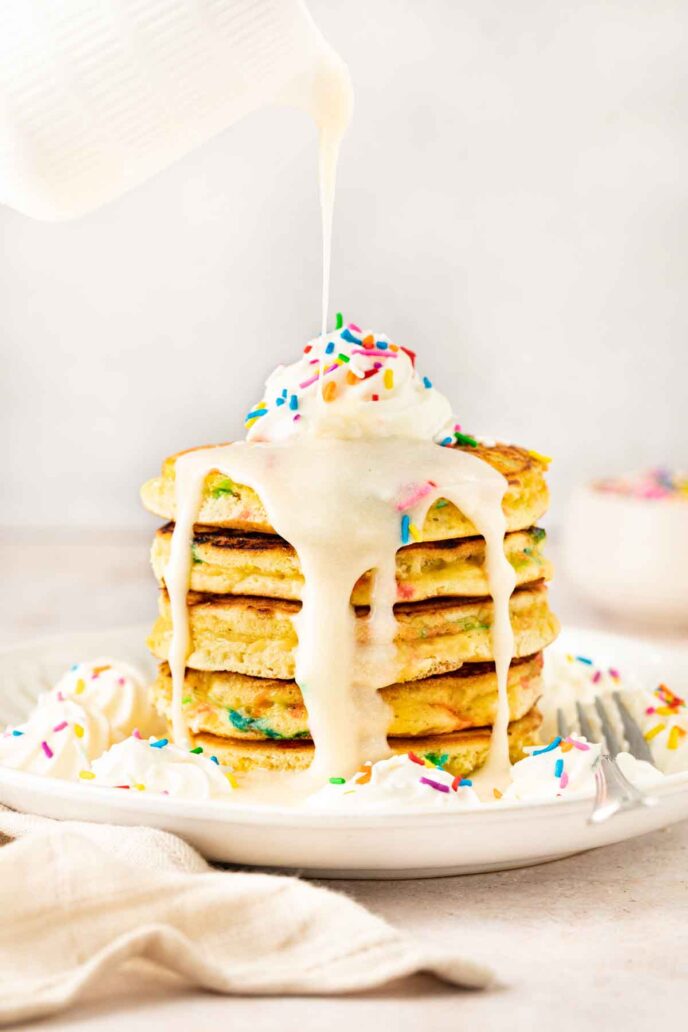 Birthday Cake Pancakes with vanilla glaze
