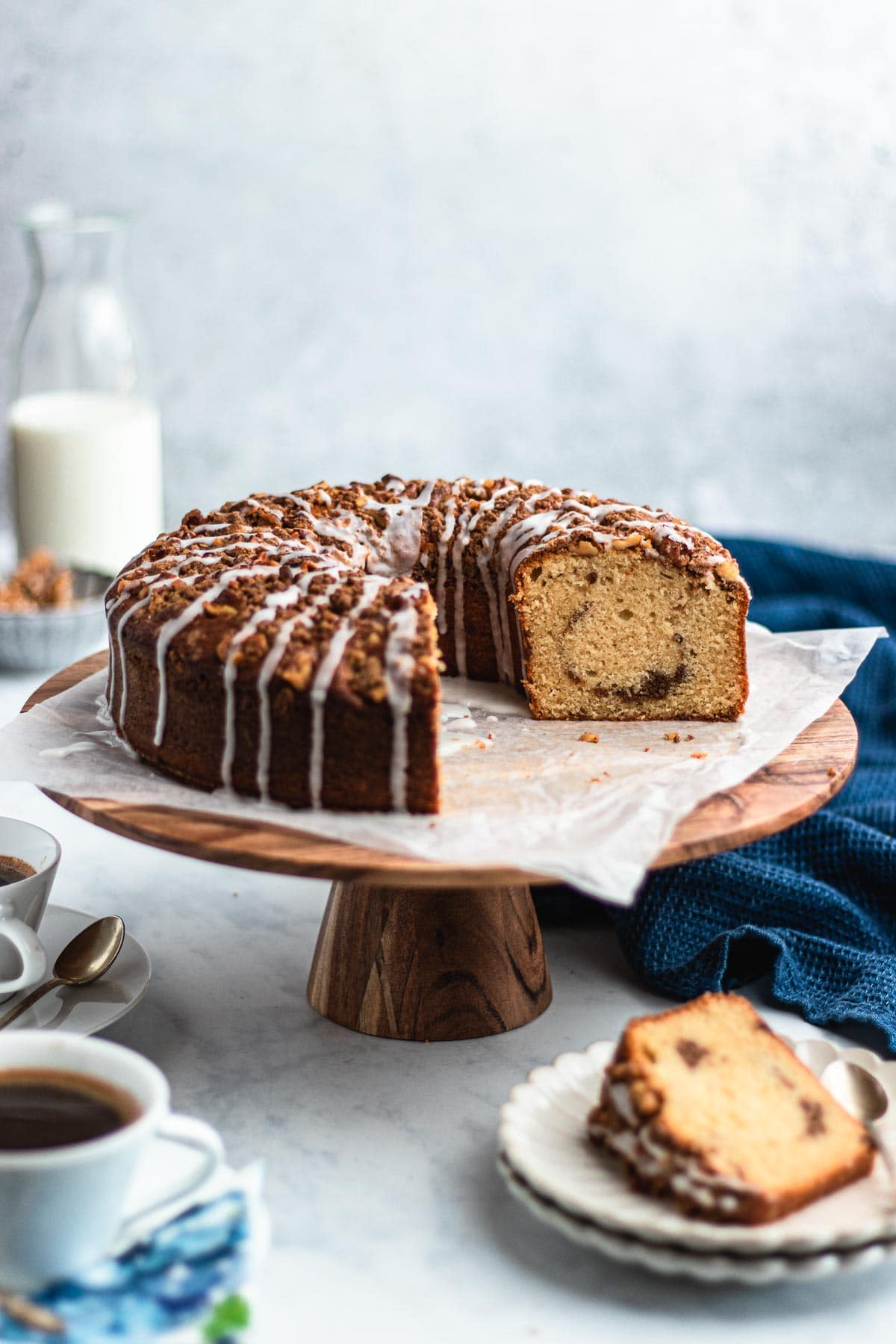 Bundt Coffee Cake on serving stand sliced