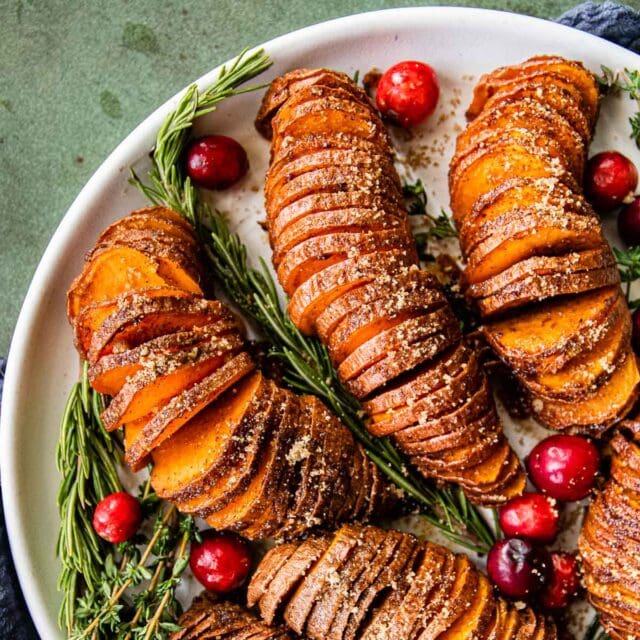 Candied Hasselback Sweet Potatoes on serving platter 1x1