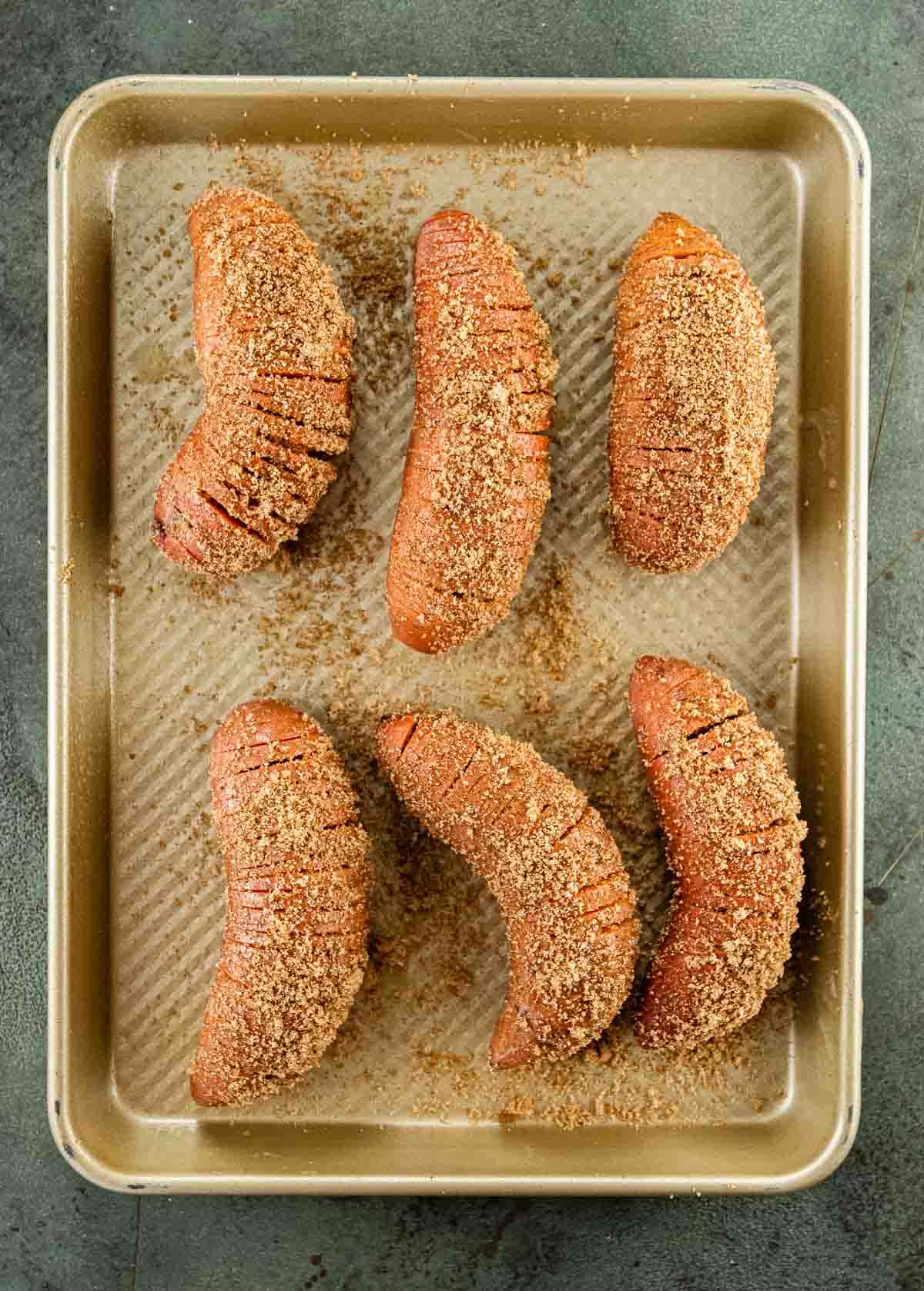 Candied Hasselback Sweet Potatoes with sugar and spice mixture
