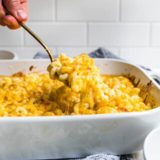 Chick-Fil-A Mac and Cheese being spooned from baking dish 1x1