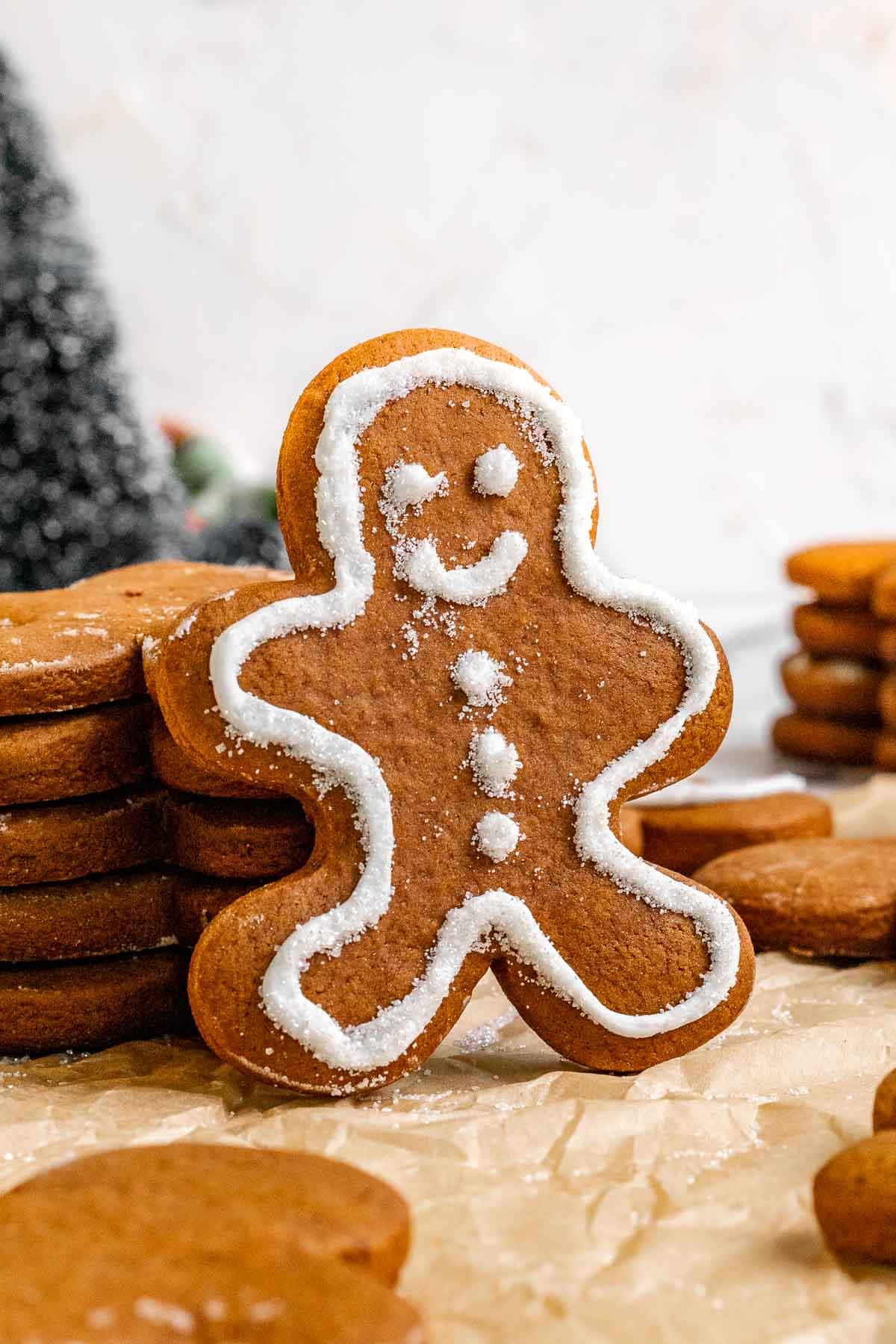 Chocolate Gingerbread Men propped up against stack