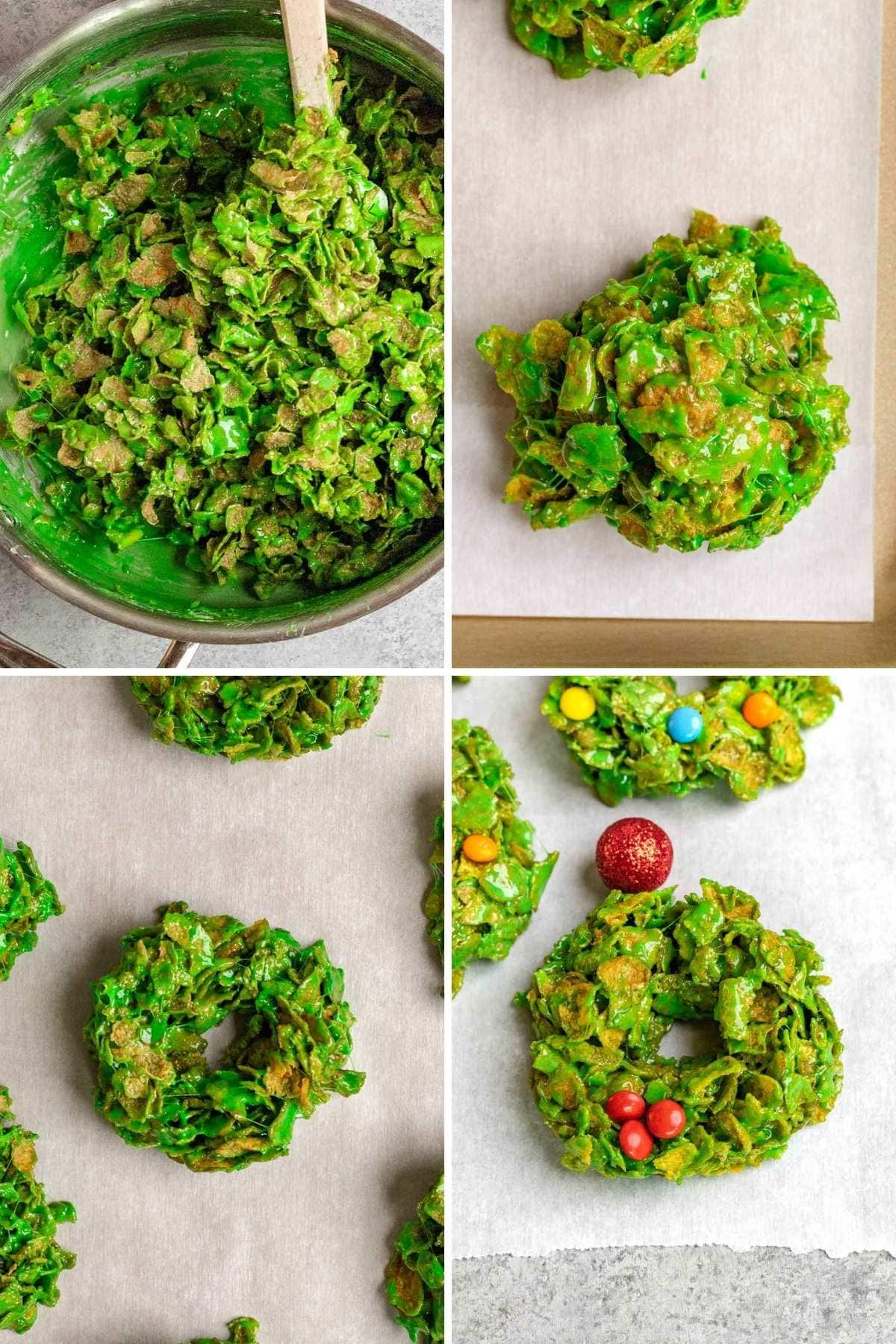 Collage of pictures showing steps to make Christmas Wreath Cookies.
