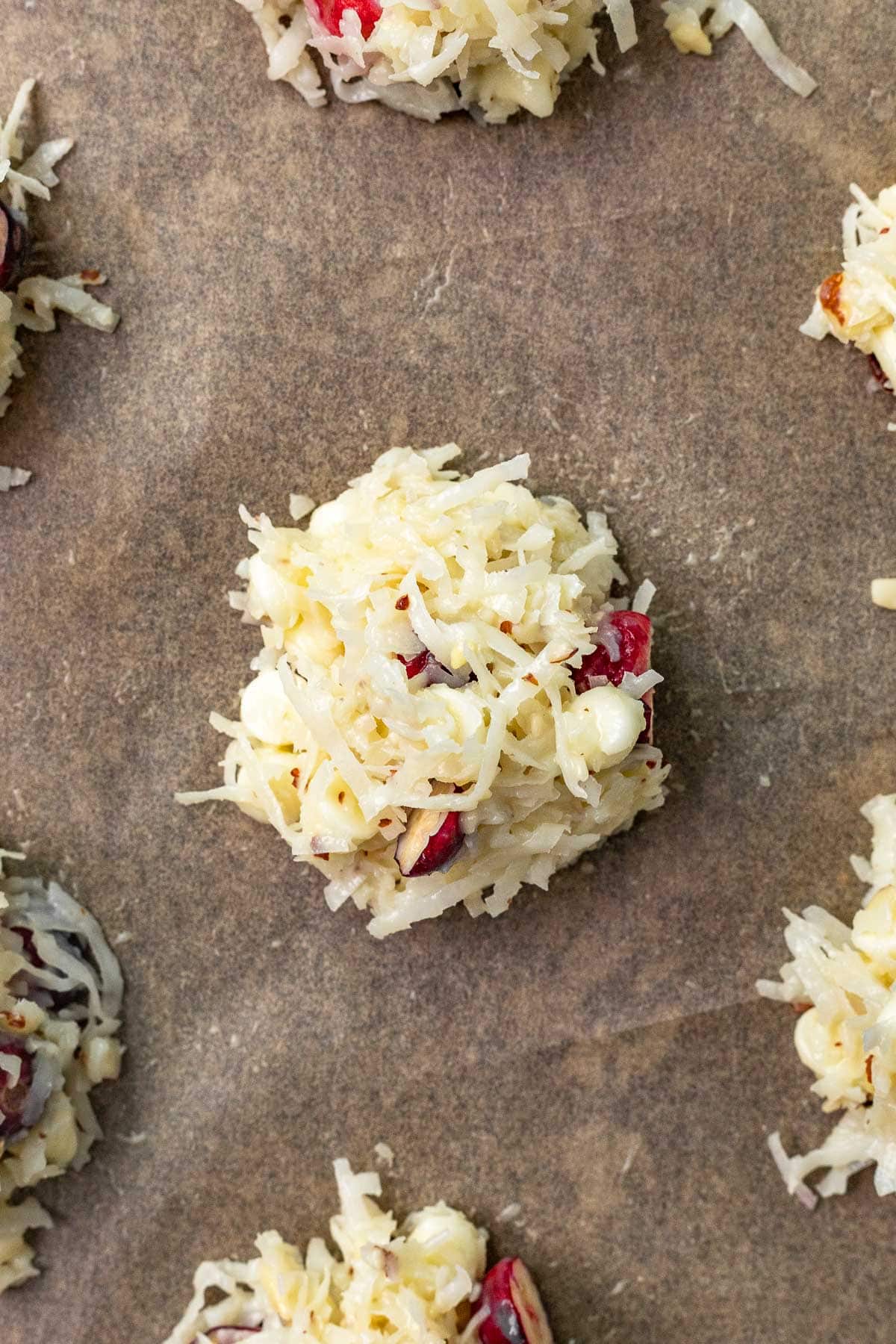 Coconut Cranberry Yummies on baking sheet before baking