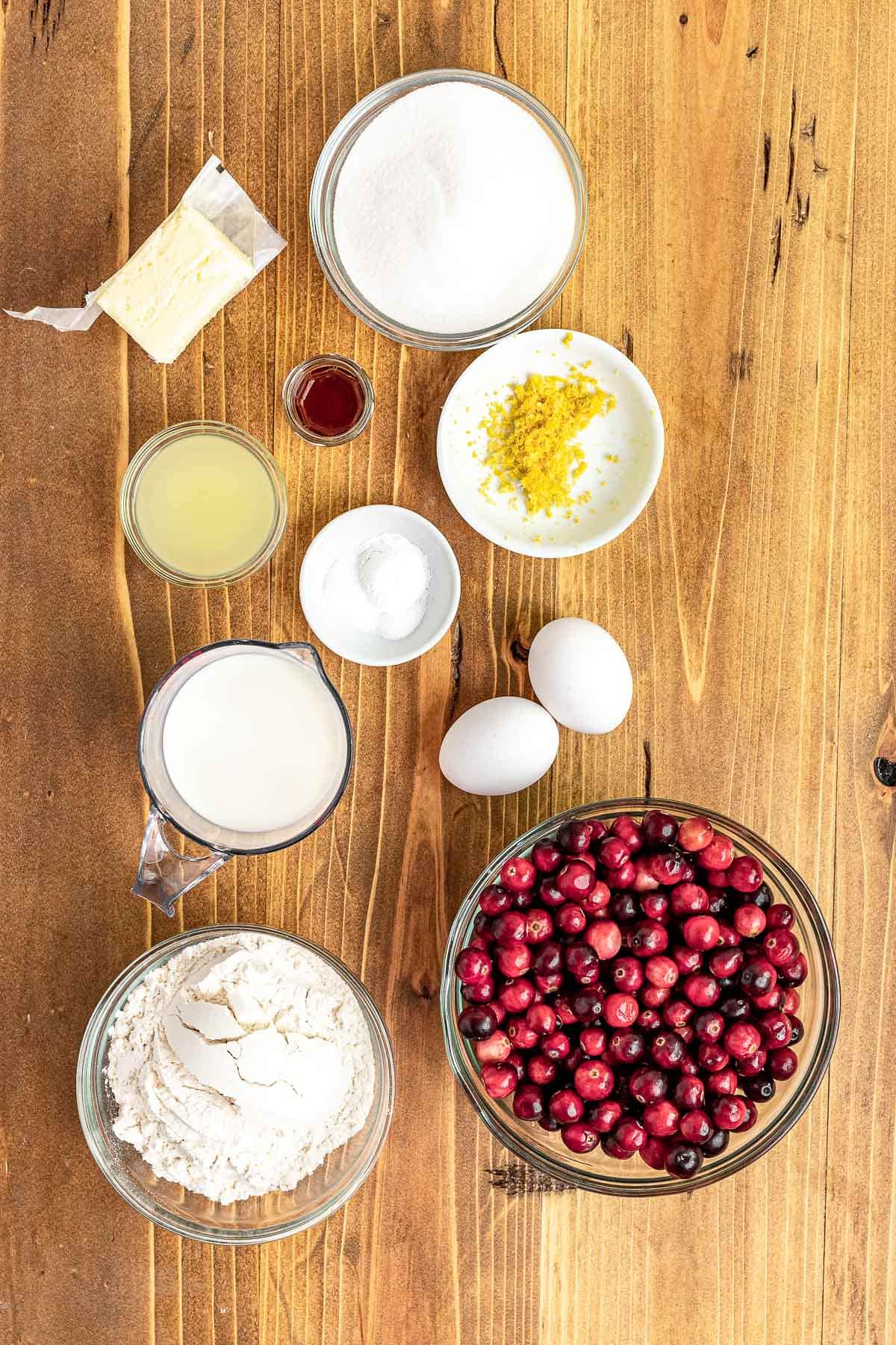 Cranberry Lemon Bread ingredients in prep bowls