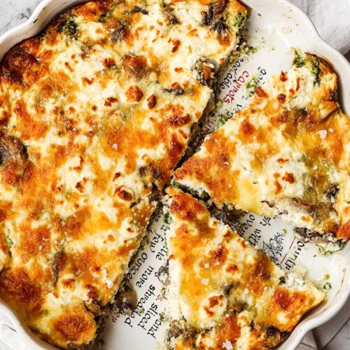 Crustless Mushroom Quiche sliced in pie dish