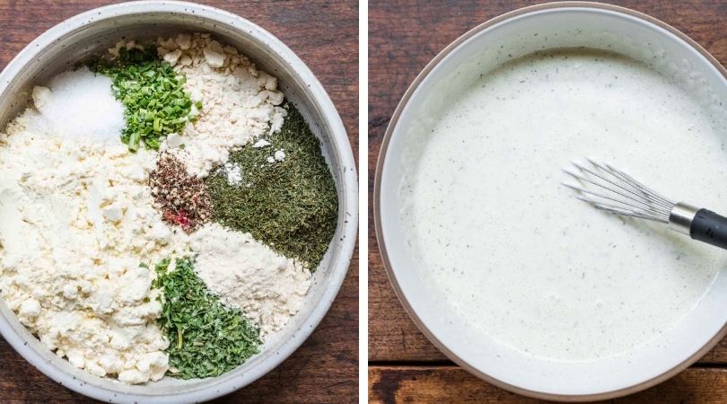 Dry Buttermilk Ranch Mix ingredients in bowls before and after mixing collage
