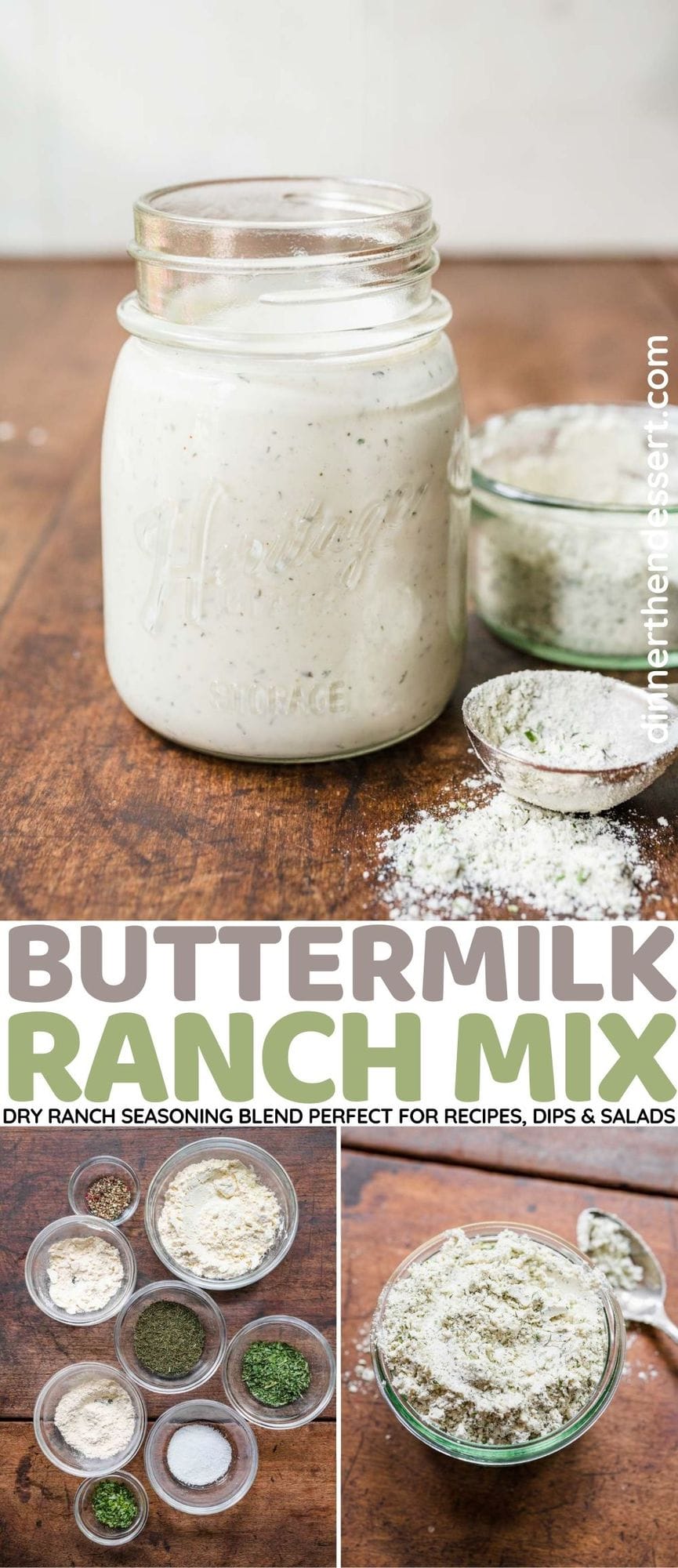 Dry Buttermilk Ranch Mix in mason jar with liquid and dry mix in bowl off to side collage
