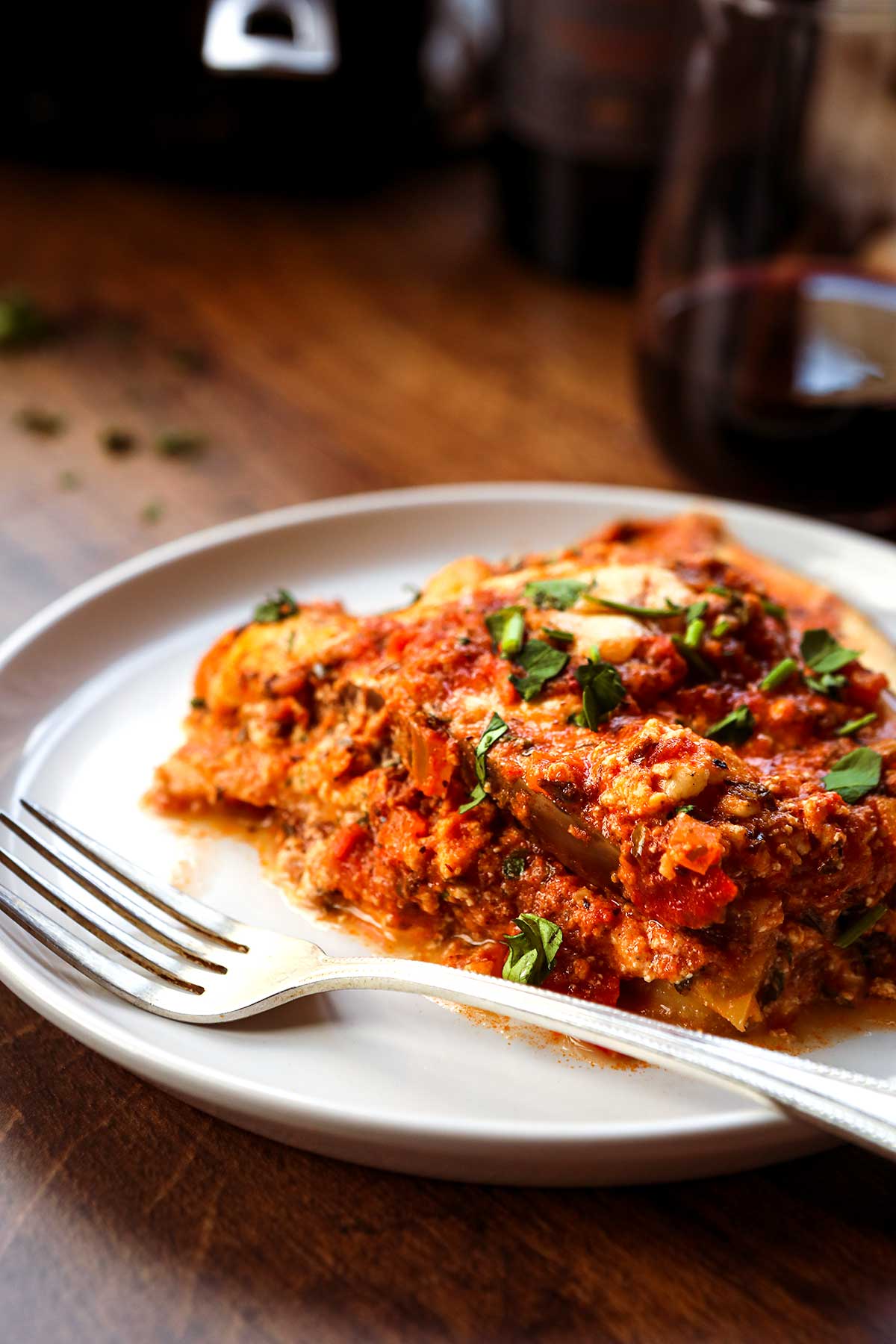 Eggplant Bake slice on plate with fork