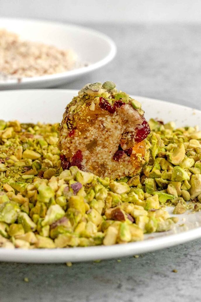 Fruit Almond Bite in Crushed Pistachios on Plate
