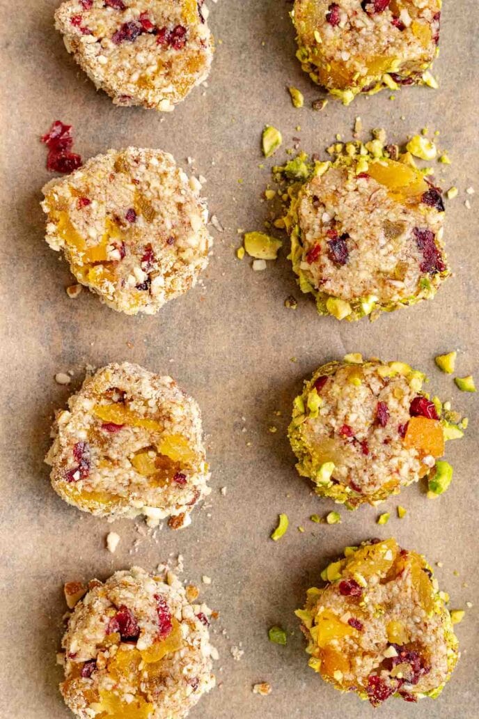 Fruit Almond Bites Mixture Cut in Circles on parchment