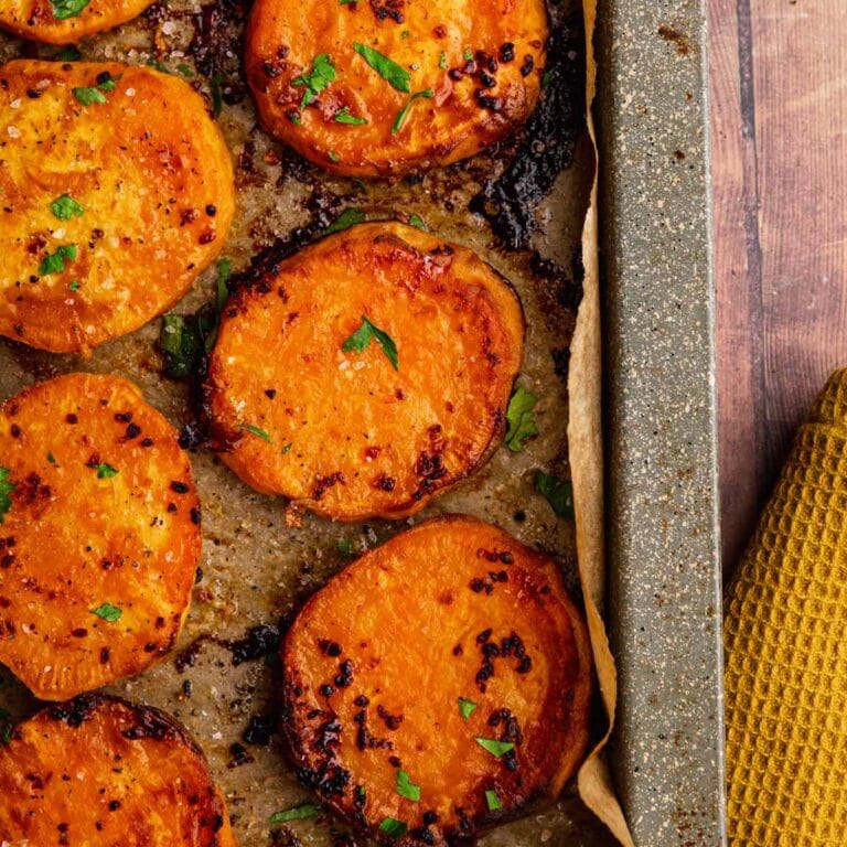 Garlic Butter Roasted Sweet Potatoes Recipe - Dinner, then Dessert