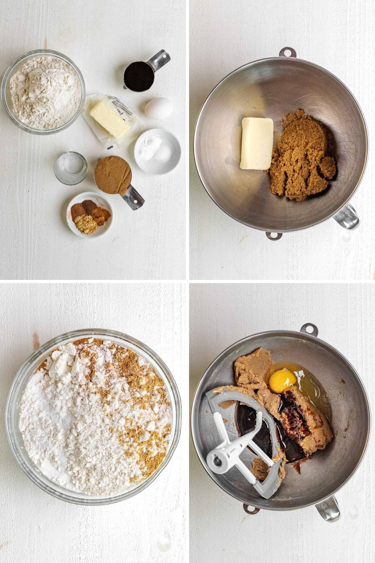 Collage of pictures showing ingredients and mixing steps for recipe.