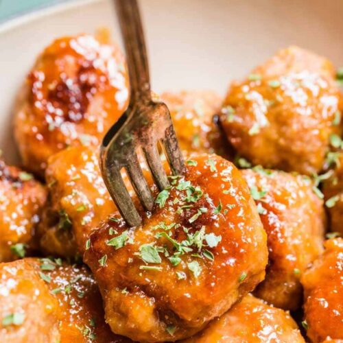 meatballs on serving dish with fork