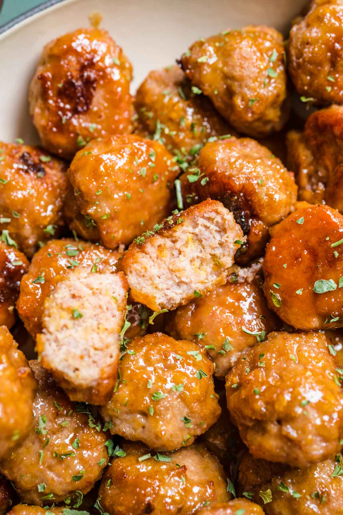 Ham Balls with Brown Sugar Glaze meatballs on serving dish