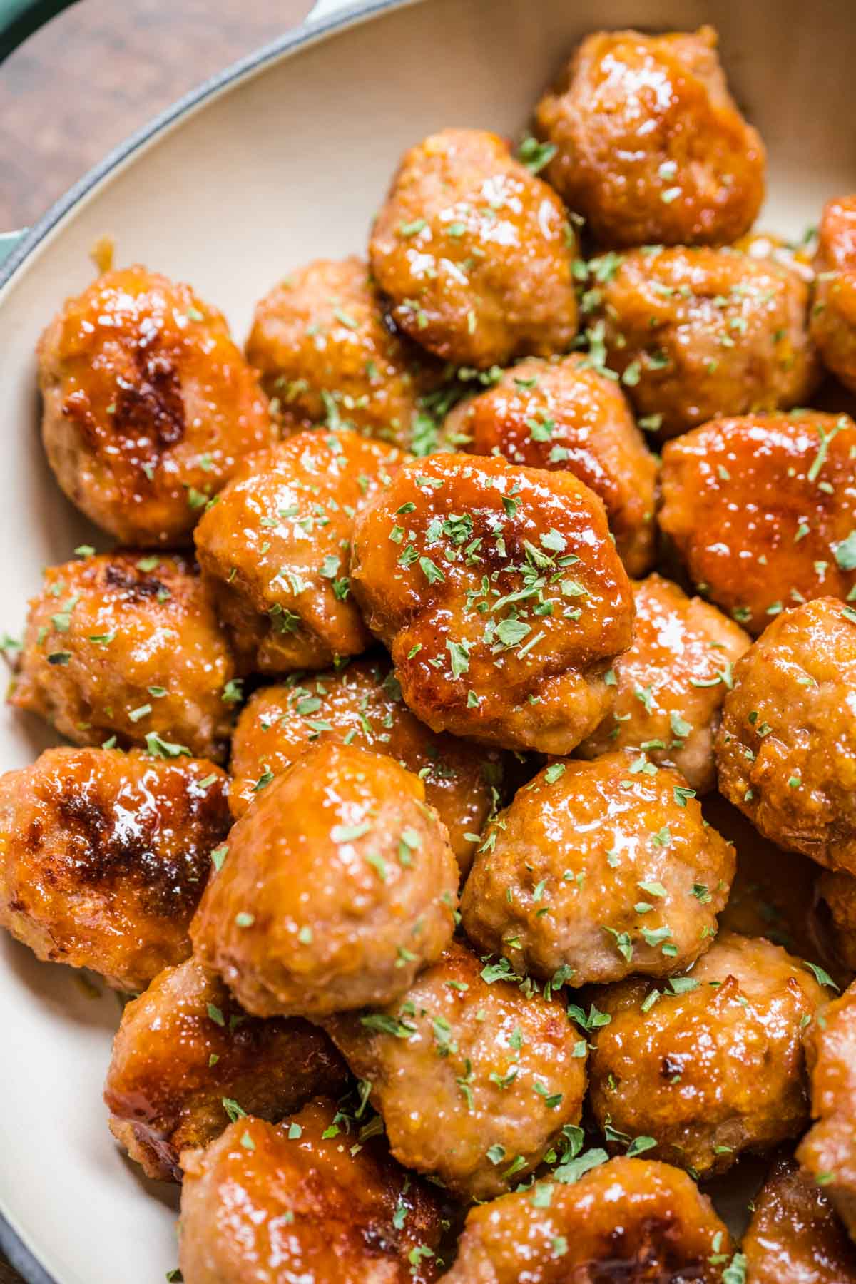 Ham Balls with Brown Sugar Glaze meatballs on serving dish