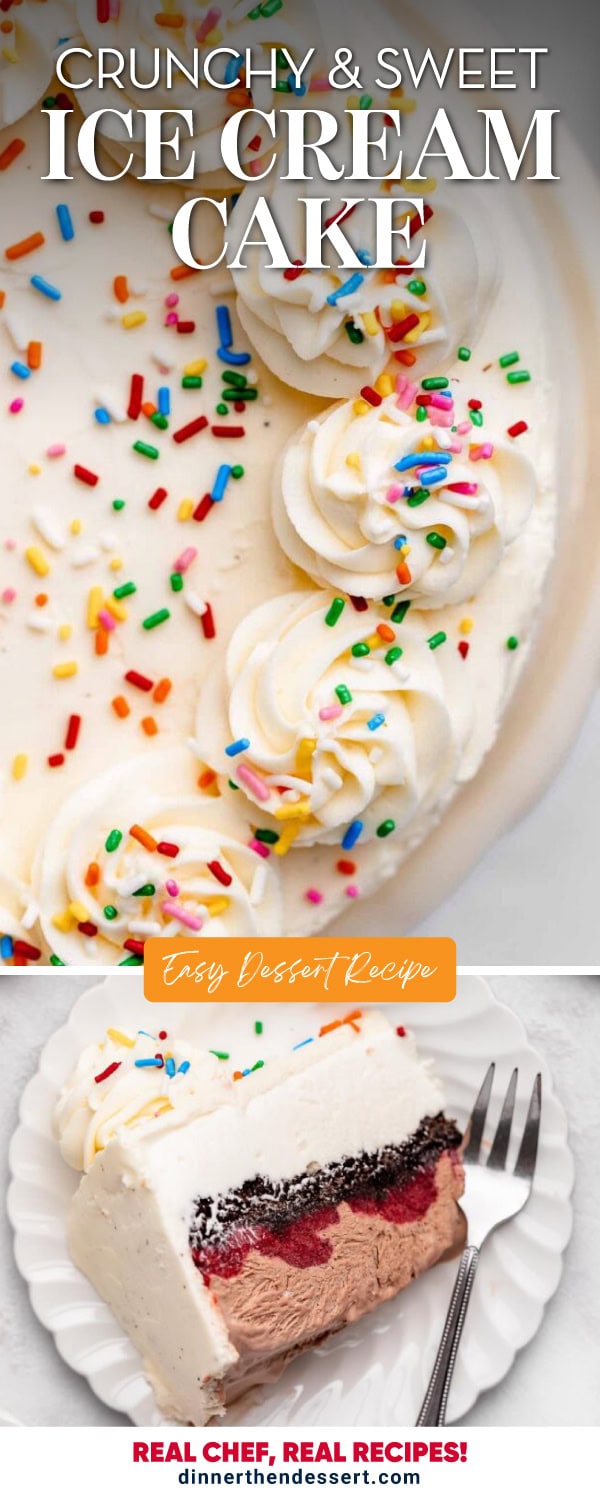 Collage with images of whole cake and a cake slice