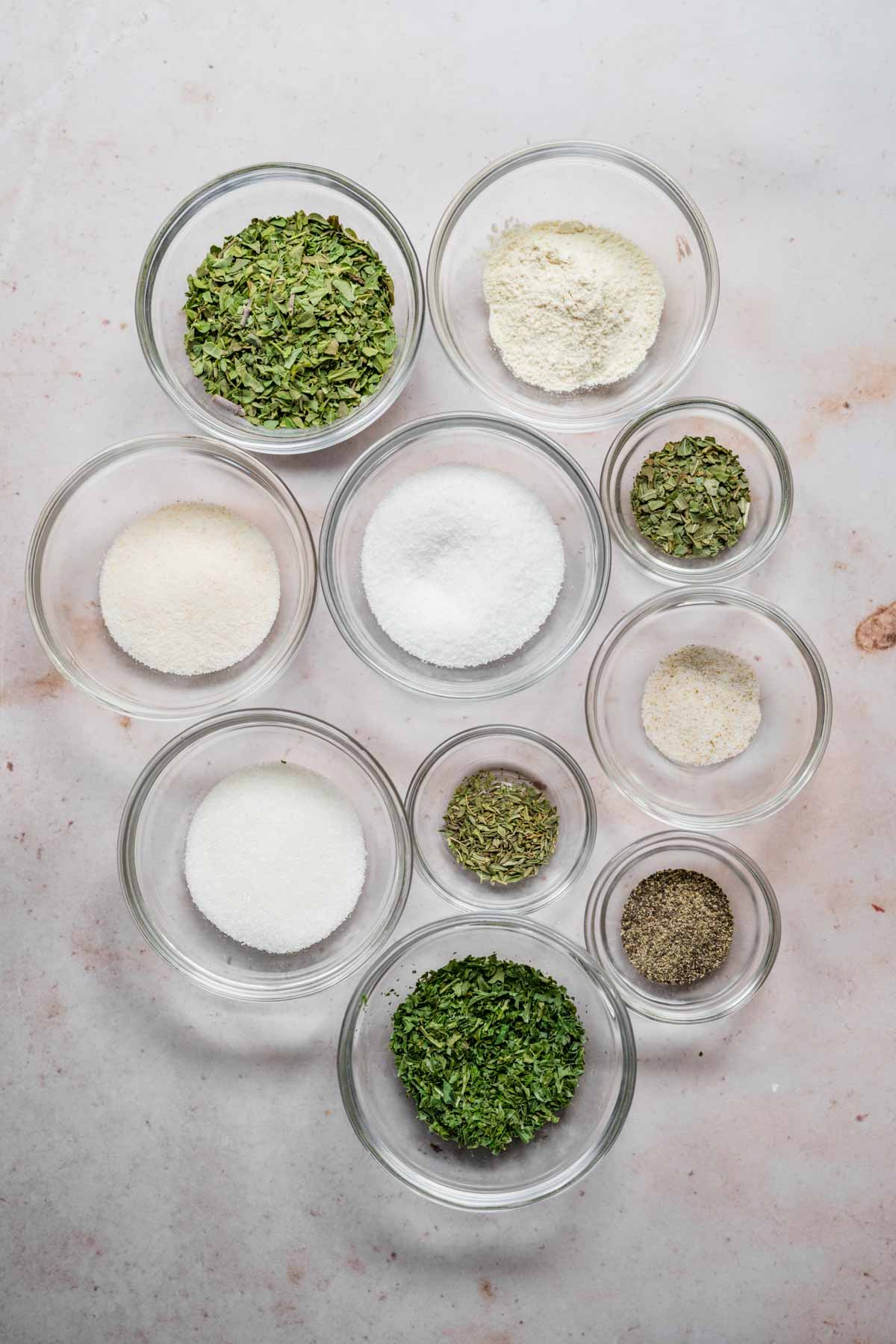 Italian Dressing Mix ingredients in separate bowls