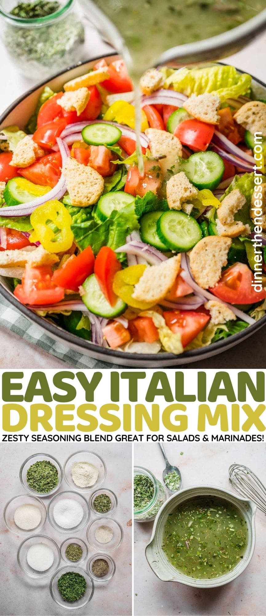 Italian Dressing Mix prepared poured over Italian garden salad collage