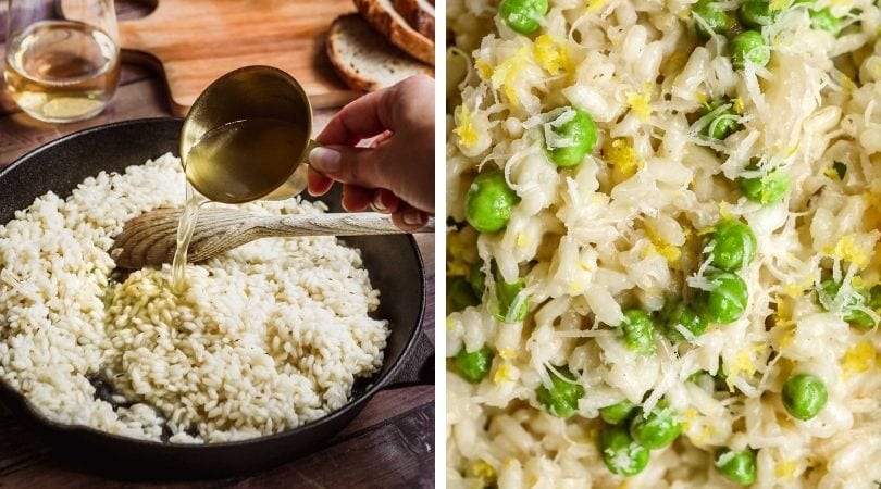 Lemon Parmesan Pea Risotto ingredients prepared in pan and closeup collage