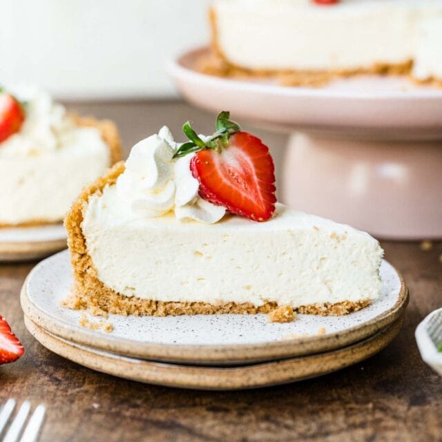 No-Bake Cheesecake on plate with strawberry