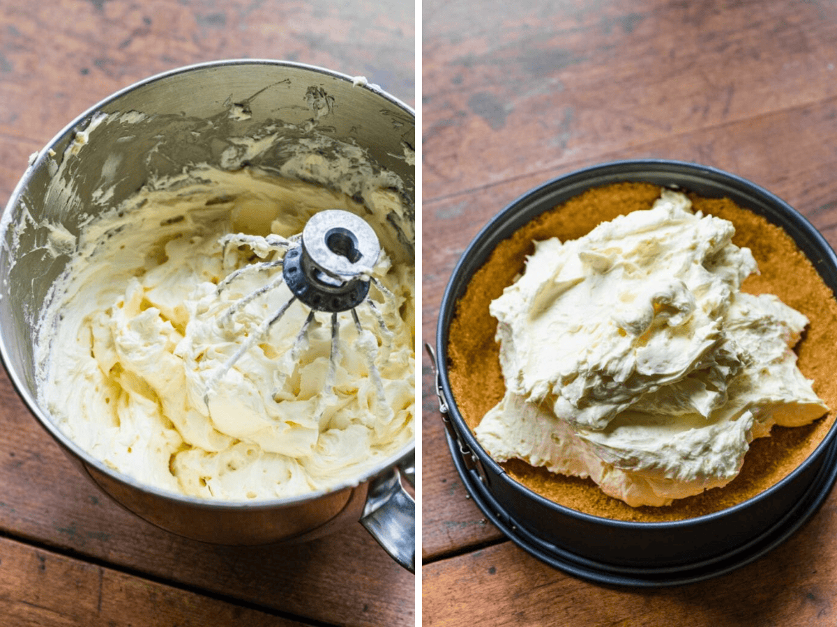 Side by side photo of cheesecake batter in a mixing bowl and on top of crust