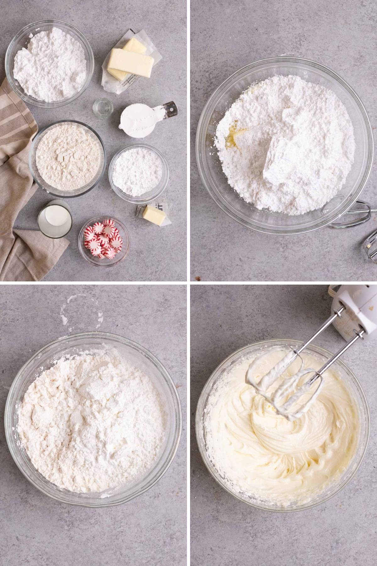 Collage of ingredients and steps to make Peppermint Meltaways.