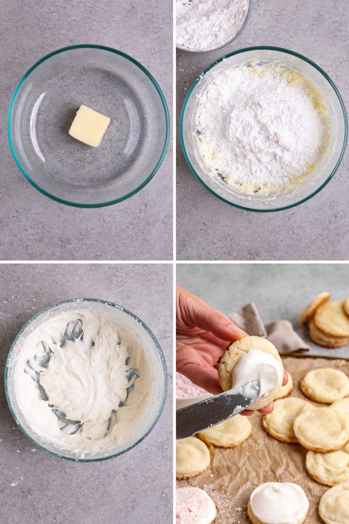Collage of steps to make frosting for Peppermint Meltaways. 