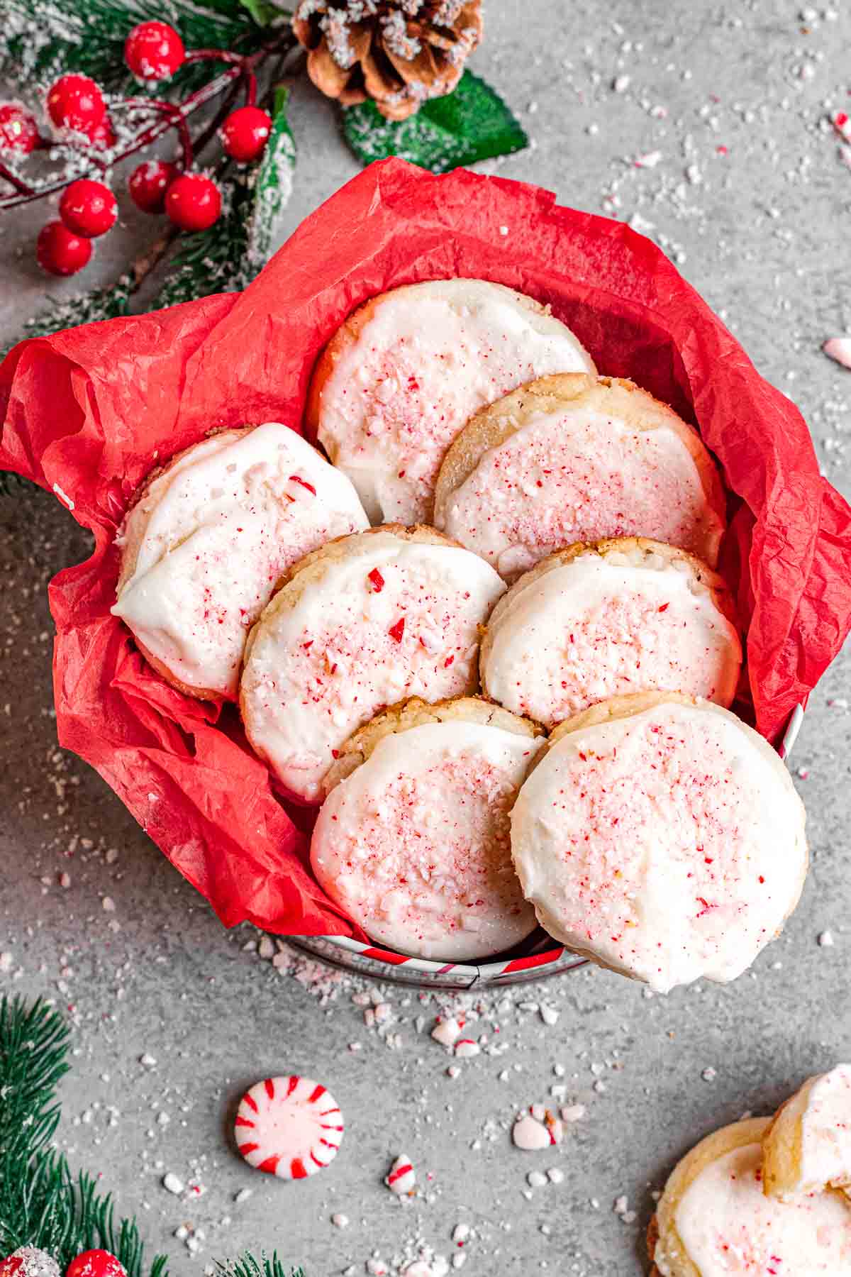 Peppermint Meltaway cookies served in a Christmas tin.