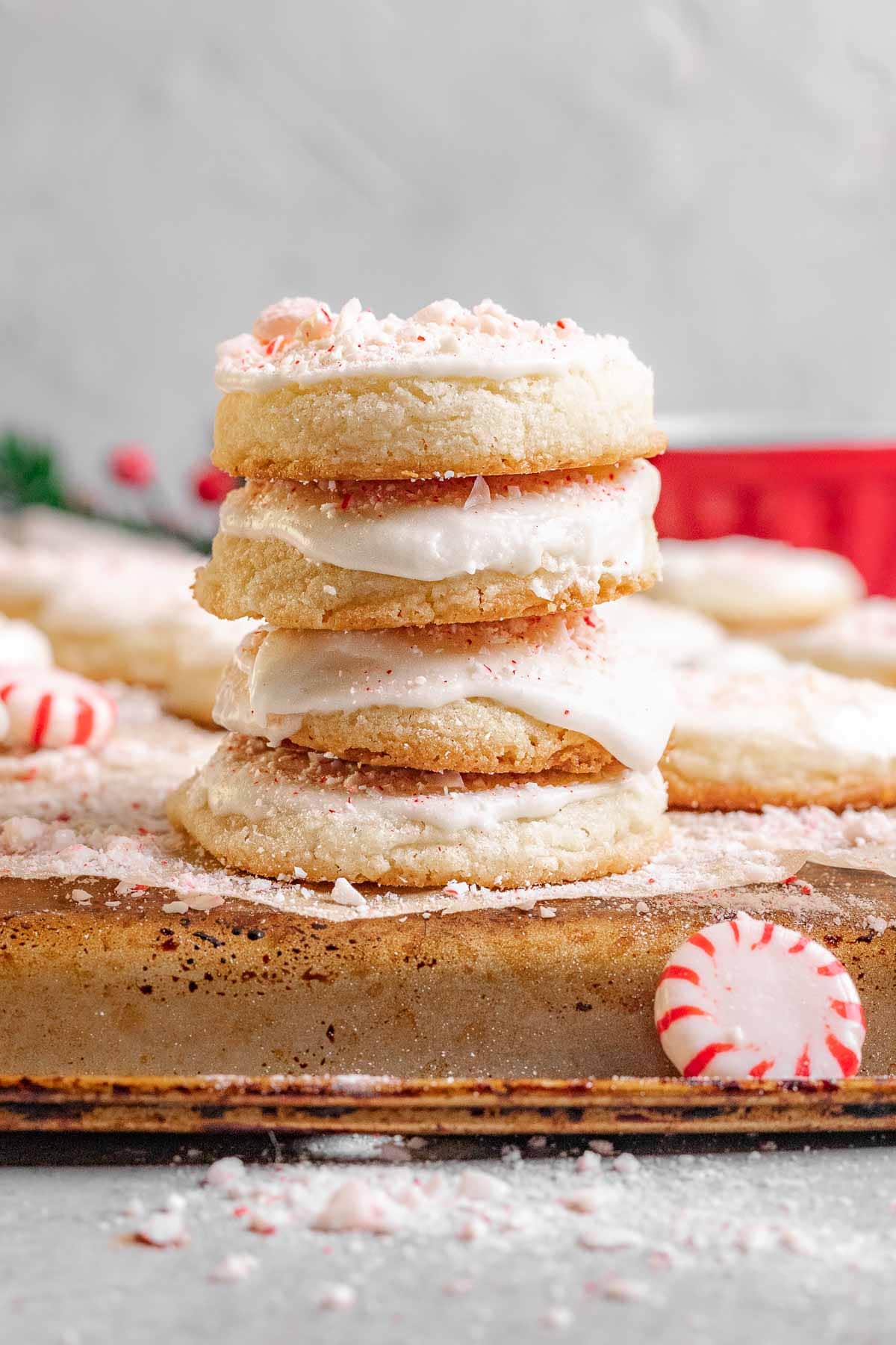 Peppermint Meltaways stacked on a holiday table.