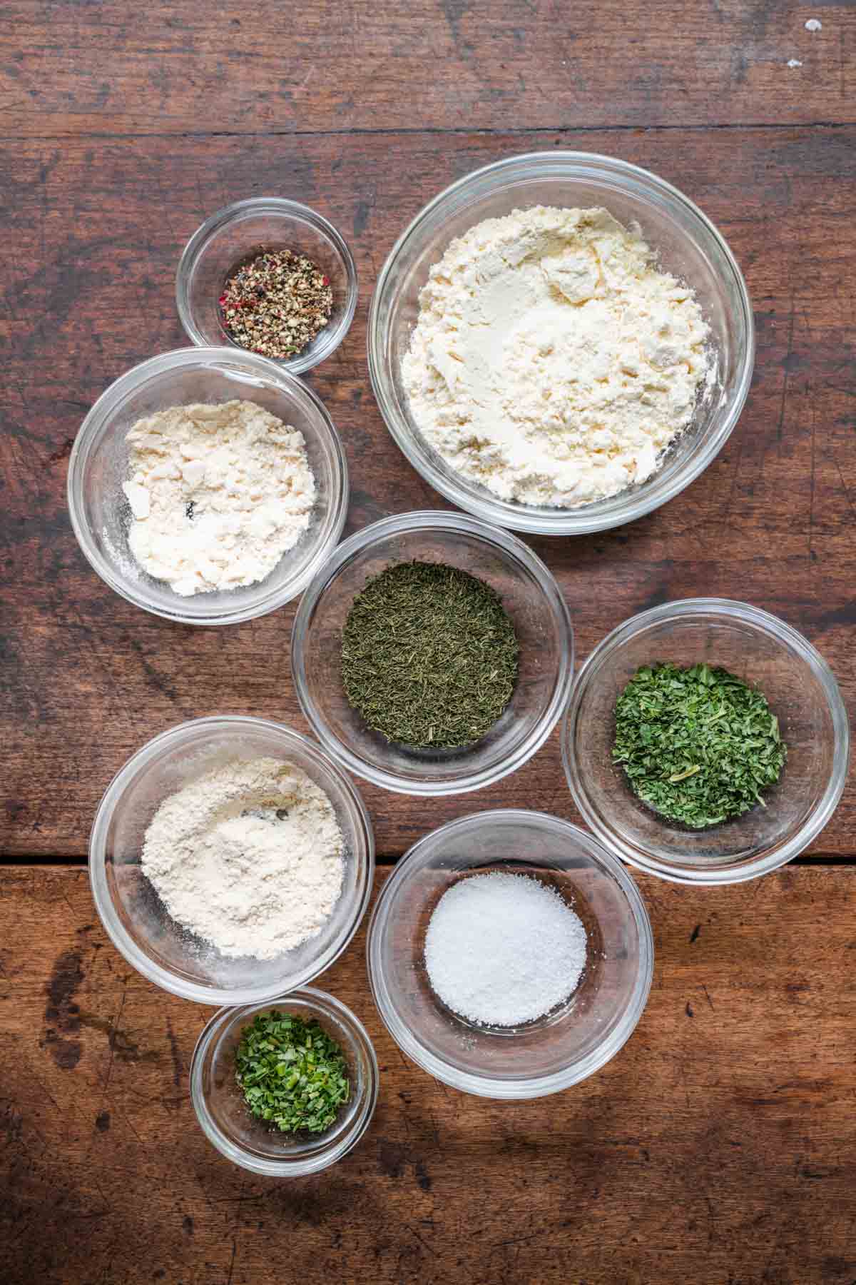 Dry Buttermilk Ranch Mix ingredients in separate bowls before mixing