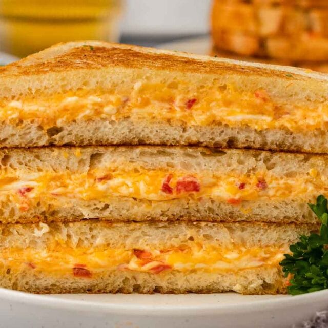 Side view of grilled sandwiches on plate.