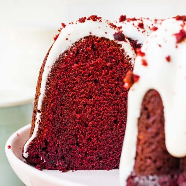 Red Velvet Bundt Cake side view with cross-section 4x3