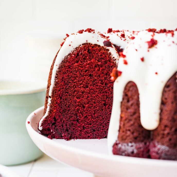 Red Velvet Bundt Cake side view with slice removed