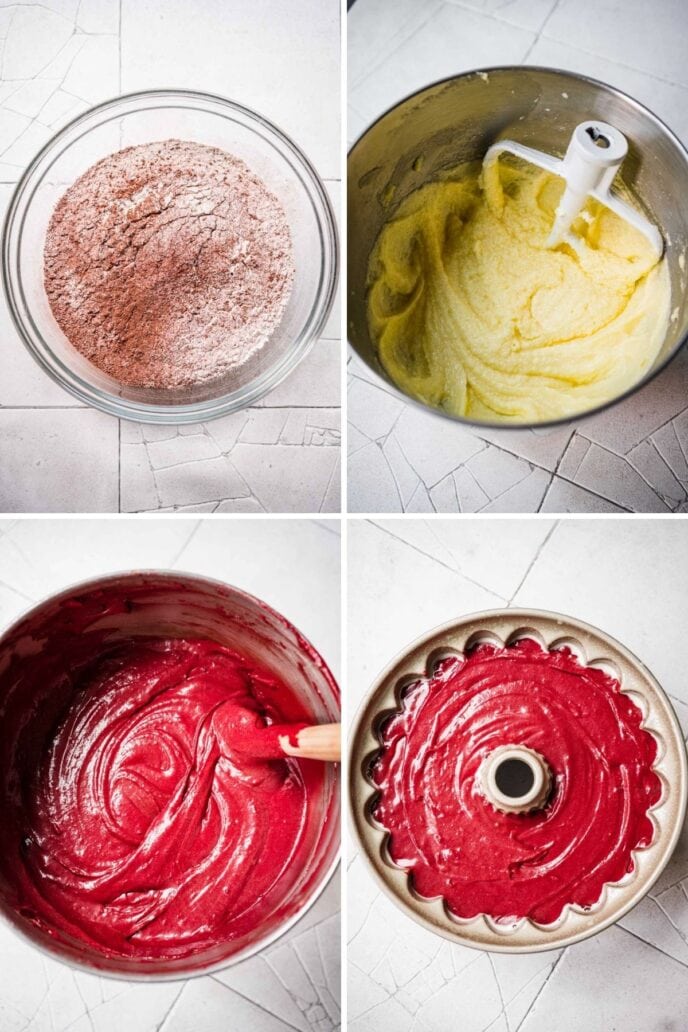 Red Velvet Bundt Cake batter ingredients in bowls collage