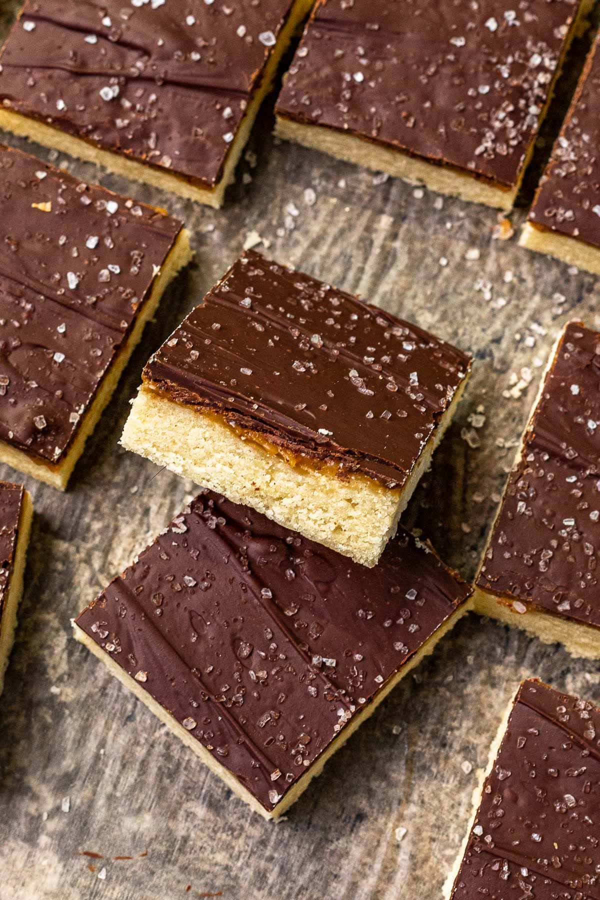 Salted Toffee Cookie Bars close up of square